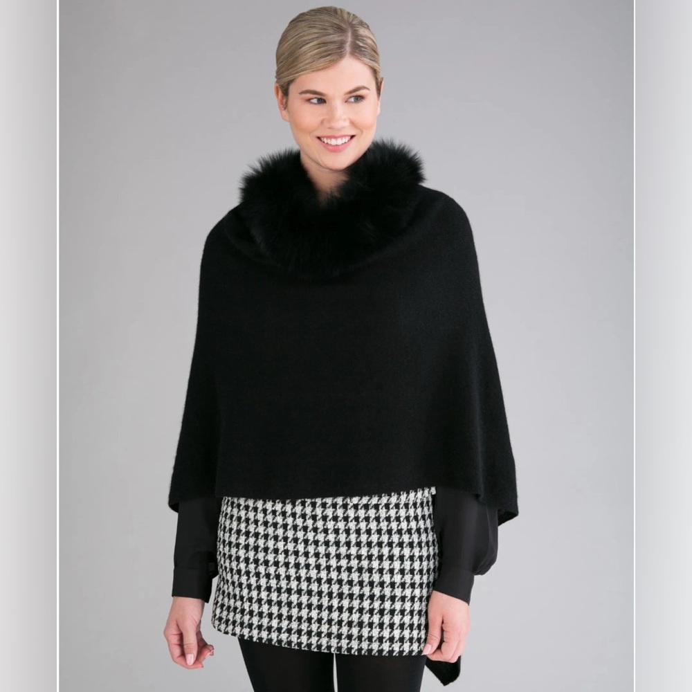 InCashmere Cashmere & Rabbit Fur Knit Shawl/Poncho One Size